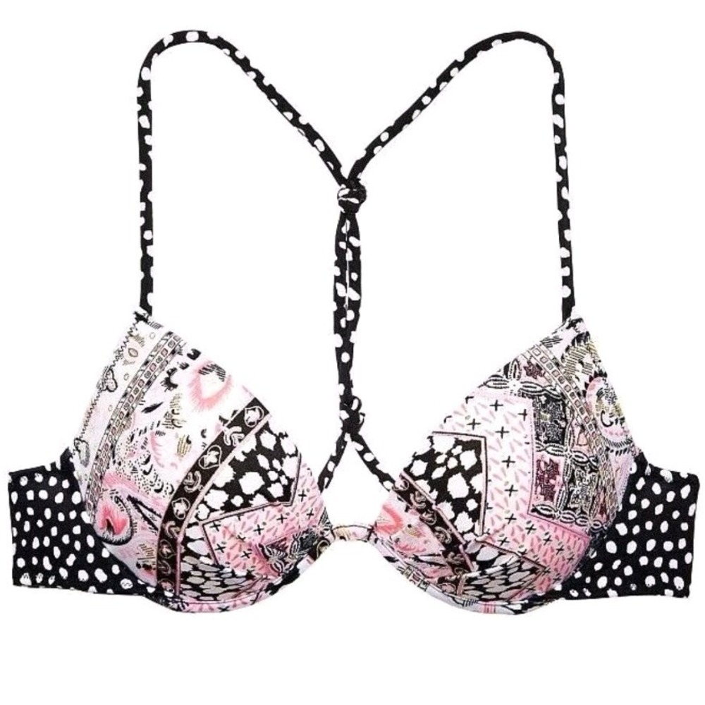 Victorias Secret The Gorgeous Push Up Bikini Top 34C Pink Black Paisley Tassels‎
